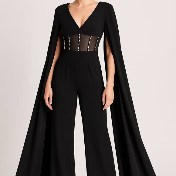 Mac Duggal Pants - Mac Duggal New 49853 Sample Black Jumpsuit Cape Sleeves Sheer Abdomen Size 2